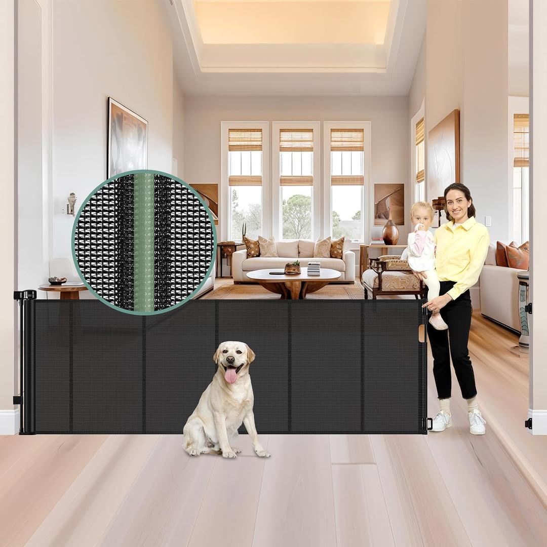 Reinforced 159 Inch Extra Wide Baby Gate for Large Opening with Support Rod, Indoor/Outdoor Retractable Baby Gates Extra Wide, Prevent Babies and Dogs from Crawling Through Retractable Dog Gate, Black
