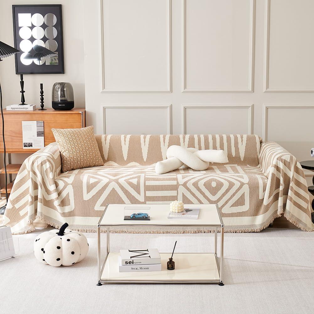 Boho Couch Cover for Sectional Sofa Covers Washable for Dog L Shape Sofa Protector Reversible Chenille Couch Cushion Covers Sofa Cover with Tassel for Pets (Boho 03# Khaki,Small:59"x 71")