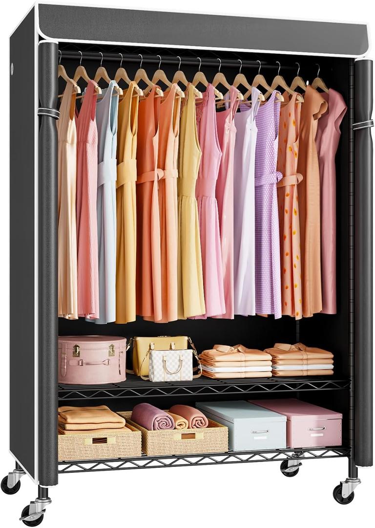 P6C Plus Rolling Clothes Rack with Cover, Covered Clothing Rack Heavy Duty, Portable Closet for Hanging Clothes, Garment Rack on Wheels, Black Closet Rack with Black Cover, Max Load 375LBS