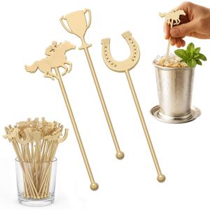 LemonRoad 24 Pcs 7 Inch Gold Derby Drink Stirrers Plastic Swizzle Stir Sticks with Horseshoe Trophy Racehorse Designs Derby Party Decorations for Coffee Cocktails Whiskey Beverage Bar Weddings Events