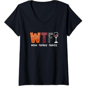 Women's WTF Wine Turkey Family Funny Thanksgiving Men Women V-Neck T-Shirt (2XL)