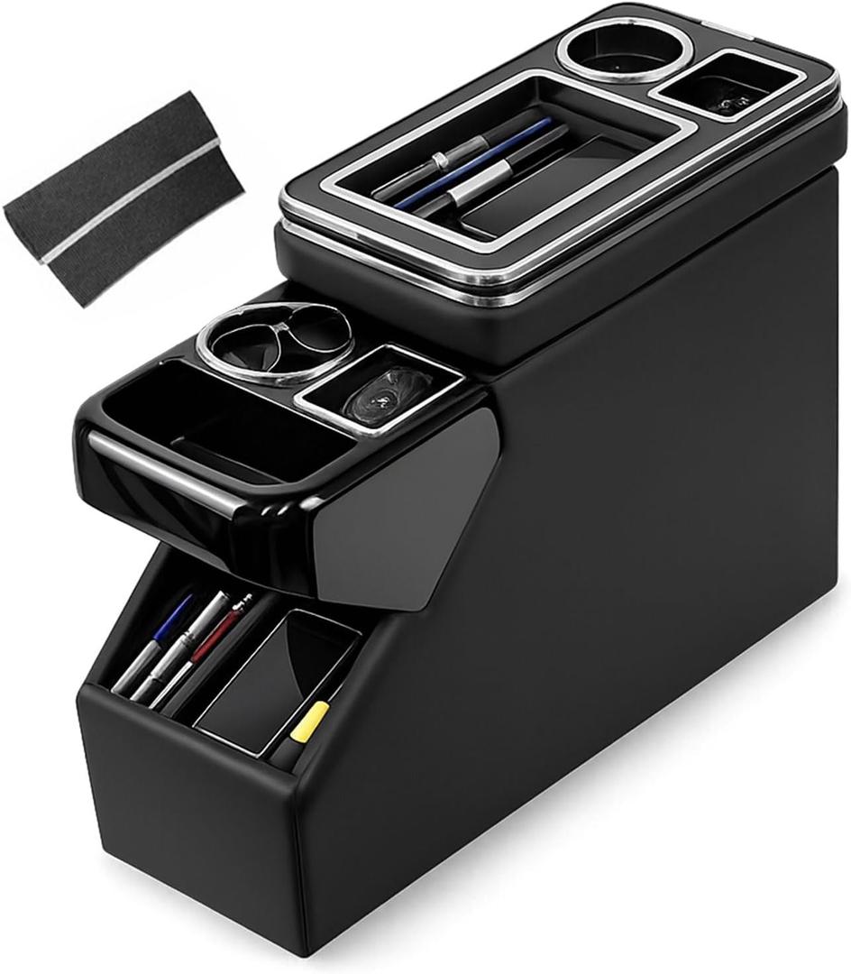 Center Console Organizer for Trucks, Minivans & SUVs, Between Seat Storage, 7.1" Width Sliding Lid Design with Dual Cup Holders, Adjustable Fit for Back Seat Console