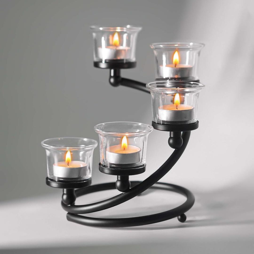 1PC Clear Chunky 5 Cups Metal Tea Light Candle Holders for Table Centerpiece, Glass Votive Tealight Holders/Candelabra Candlestick Holders for Wedding,Party, Anniversary,Christmas(Black)