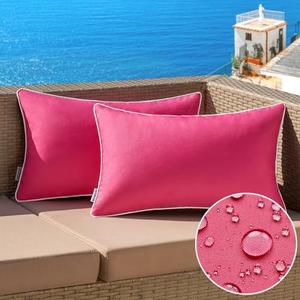 MIULEE Pack of 2 Outdoor Waterproof Pillow Covers Decorative Lumbar Throw Pillows Solid Color Farmhouse Couch Cushion Covers for Patio Tent Bed Sofa Living Room 12x20 Inch Hot Pink