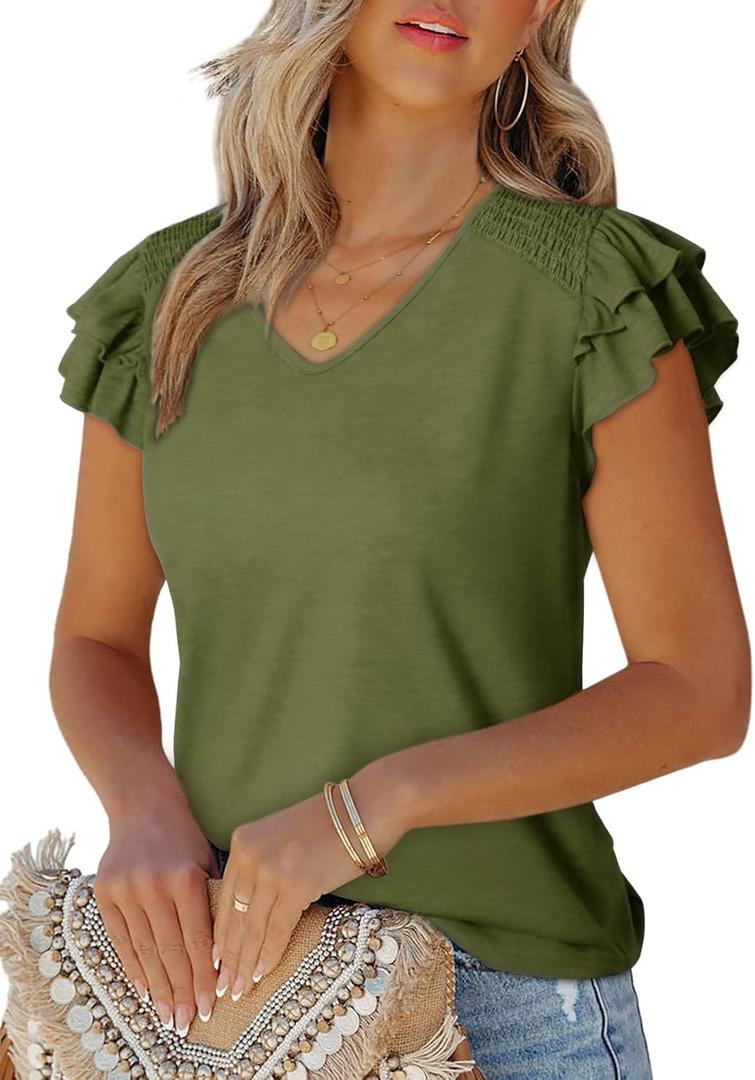 Dokotoo Women's Casual Ruffle Short Sleeve Tops Cute Solid Color Knit Ribbed T Shirts Blouses (Medium, Guacamole Green)
