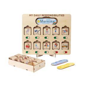 Wooden Chore Chart for Kids Visual Schedule, Routine Chart for Kids, Morning Bedtime Routine Chart for Toddlers Ages 2-4, Daily Kids Schedule Board for Home (02)