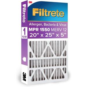 Filtrete 20x25x5 Air Filter MERV 12, MPR 1550 Certified Asthma & Allergy Friendly 1-Pack, Fits Trion AirBear, AC Furnace HVAC Filters, Pleated Electrostatic (Actual Size 19.56 x 24.13 x 4.75 in)