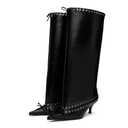 Goolita Women's Pointed Toe Metal Eyelets Knee High Boots Kitten Heel Lace Up Bow Slip on Wide Calf Tall Boots Size 42