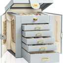 AKOZLIN Functional 6-Tier Jewelry Box Organizer with 5 Drawers Leather Jewelry Storage Case for Women Girls Ring Necklace Earring Bracelet Holder Organizer with Mirror Grey (Regular)