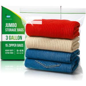 3 Gallon Storage Bags - 15 Count, Extra Strong And Super Durable, 2 Mil Thick, Leak-Proof Unique Zipper, Extra Large Storage Bags for Home & Travel