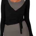 Women's Wrap Tie Top Y2k Long Sleeve Ballet Workout Yoga Shirt Coquette Blouses (Black, L)