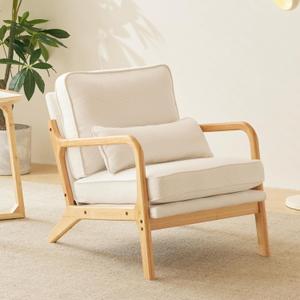 Karl home Mid Century Modern Accent Chair with Lumbar Pillow & Oak Arms  Plush Linen Fabric Living Room Chair for Bedroom, Lounge, Natural White