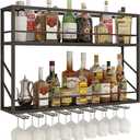 Wall Mounted Wine Rack 2 Tier, Metal Bar Liquor Shelves and Glass Holder,Wall Bar Shelf Wine Display Storage Holder for Home Bar, Dining Room, Kitchen(31.47.826in), 31.5W x 7.8D x 26H