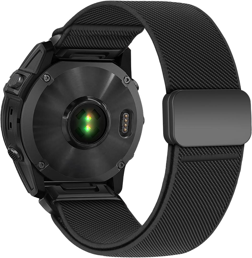 22mm Nylon Watch Band Compatible with Garmin Fenix 5/6/7/8 47mm/5 Plus/6 Pro/7 Pro/E 47mm, Elastic Magnetic Band for Garmin Forerunner 965, Black Line