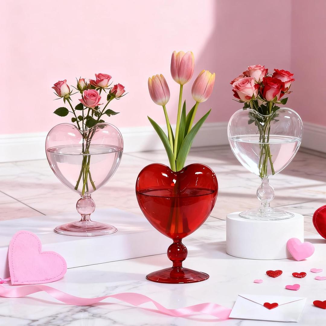 3 Pcs Valentine's Day Heart Glass Vase Flower Red Pink Transparent Flower Vases Table Centerpiece Decor Modern Heart Planter for Valentine Gifts Home Office Table Book Shelf Decor