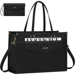 LOVEVOOK Laptop Bag for Women, 17.3'' Laptop Tote Purse 2-in-1 Professional Work Bag Business Briefcase with Clutch Purse, Waterproof Leather Computer Handbag for Teacher Office Travel (Black)