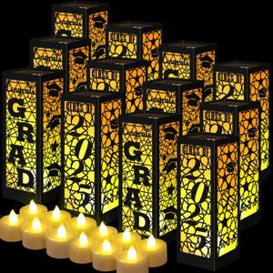 6 Pcs Graduation Table Centerpieces Boxes Class of 2025 Graduation Lanterns for Centerpieces with LED Candles Congrats Grad School College Party for Party Table Decoration (Black)