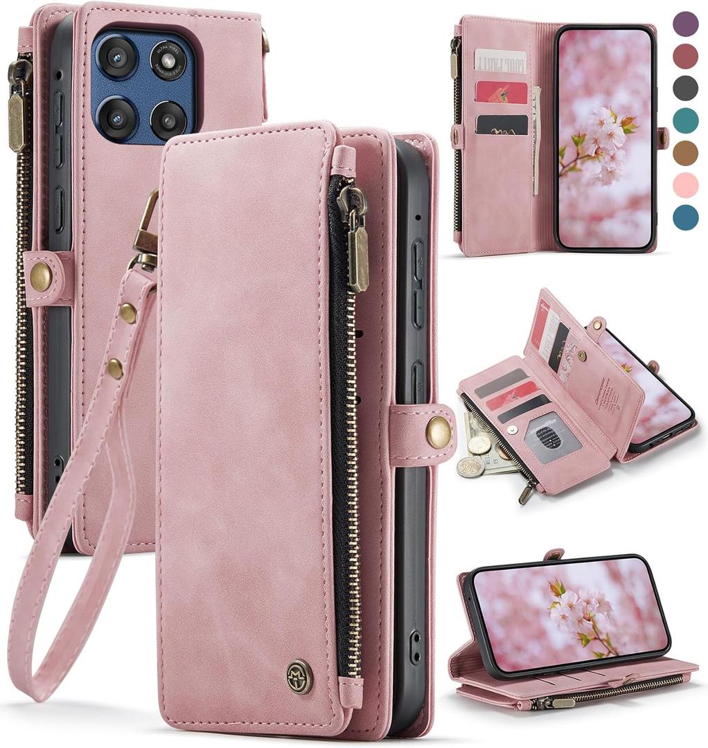 Defencase Compatible with Moto G Stylus 5G (2025) Case, RFID Blocking Wallet Case for Motorola Moto G Stylus 5G 2025 PU Leather Flip Strap Zipper Card Holder Phone Cases for Women and Men, Rose Pink