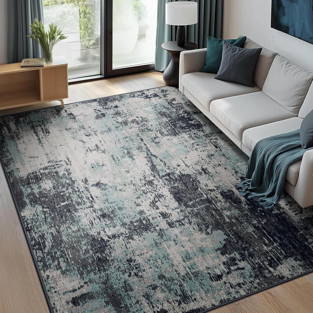 RELEANY Washable 5'x8' Abstract Area Rug for Living Room Teal Black