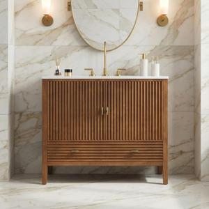 Merax 36" Mid-Century Single Vanity, Bathroom Vanity with Ceramic Sink, Divided Drawer & Dual-Door Storage, Soft-Close, Walnut