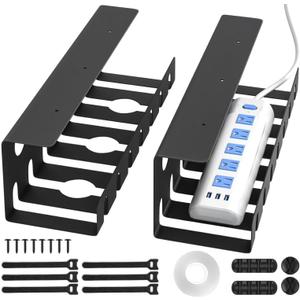 Delamu 2 Pack Metal Under Desk Cable Management Tray, U Channel Cord Organizer Box, Office Under Desk Cord Organizers, Cable Management with Various Accessories, Black, 15.75 Inches