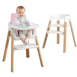 Wooden Highchair for Baby, Toddler High Chair with Tray & Removable Cushion & 4-Levels Pedal & Padded 5-Point Harness,Grows with Kid for Dining, Pink