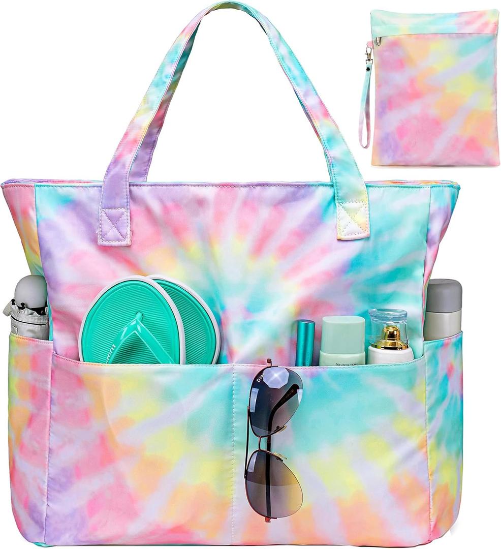 CAMTOP Waterproof Beach Tote Bag for Women Girls with Zipper Foldable Sandproof Pool Swim Bag Travel Carry On Gym (Z-2pcs 2-tie Dye)