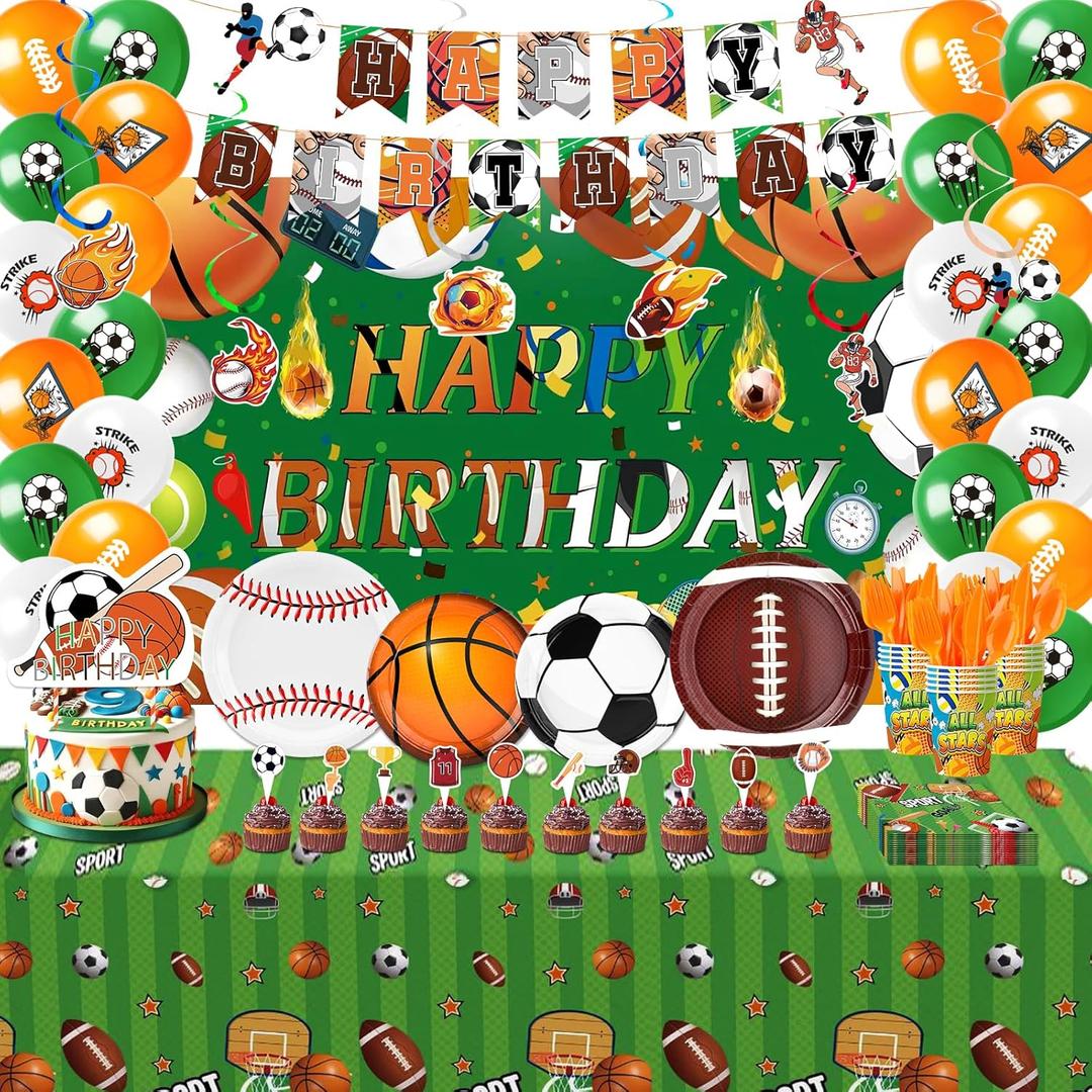 Combo Sports Party Kit for 20: Football & Basketball Theme Decorations with 300g Plates, Orange Cutlery, Banner, 24 Balloons, Tablecloth & Backdrop for Birthday