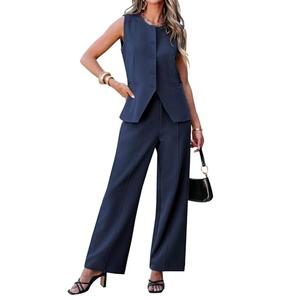 luvamia Casual Sets for Women 2 Piece Sleeveless Blazer Vest Outfits Navy Blue Two Piece Set for Women Navy Blue Large Fits Size 12 / Size 14, L