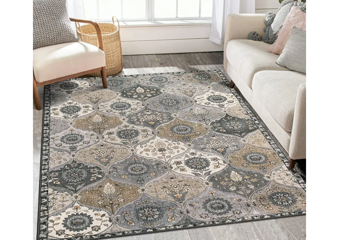Lahome Moroccan Trellis Washable Area Rugs, 3x5 Rug for Bedroom Entryway Indoor Non-Slip, Small Oriental Accent Carpet for Living Room Kitchen Bathroom Office, Grey