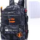 50L Fishing Tackle Backpack with Rod Holder and 4 Included 3600 Tackle Boxes - Waterproof Fishing Backpack for Ultimate Gear Organization and Storage (Black Camo)