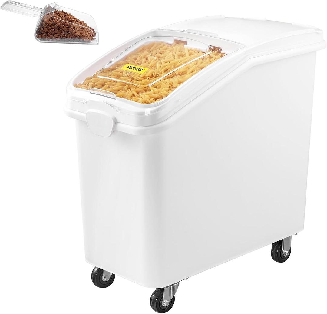 VEVOR 27 Gallon food storage containers 500 Cup Ingredient Bin with Scoop and Sliding Lid Commercial Food Container Ideal for rice storage, dog food container, flour, and sugar containers, White