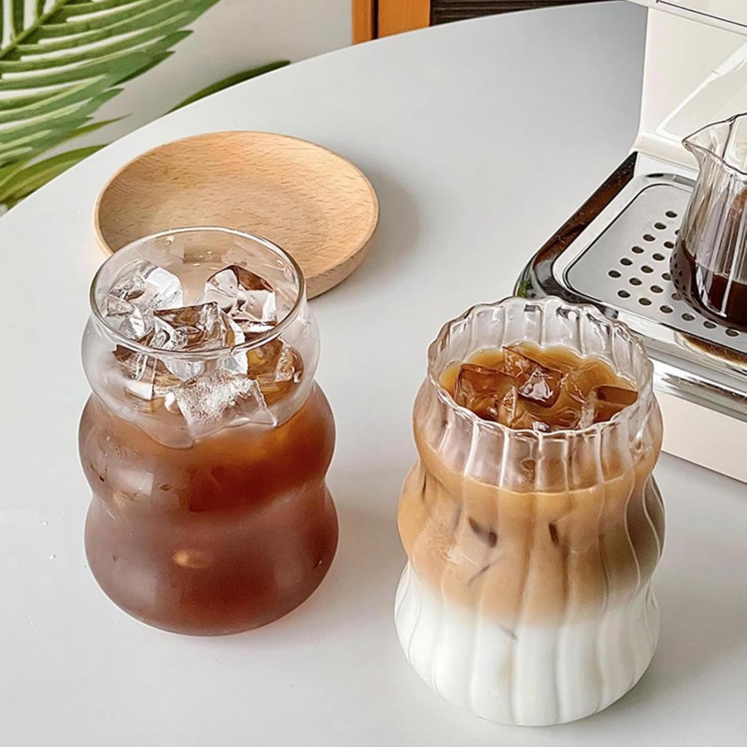 Nirvany 2 Pcs Ribbed Glass Cups, 18 Oz Vintage Drinking Glassware with Wave Shape Design, Bubble Cups for Iced Coffee, Juice, Beverage, Milk, Cocktails, Bubble Tea, and More