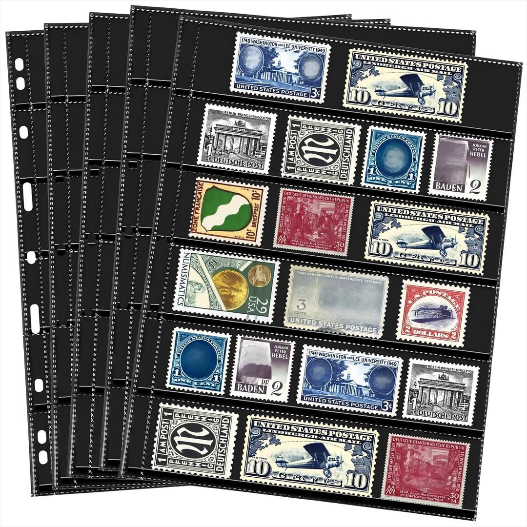 Cindeer 20 Sheets Stamp Pages Collector Album Binder Standard 9 Hole Binder Sleeves for Stamps Collecting Supplies(6 Rows)