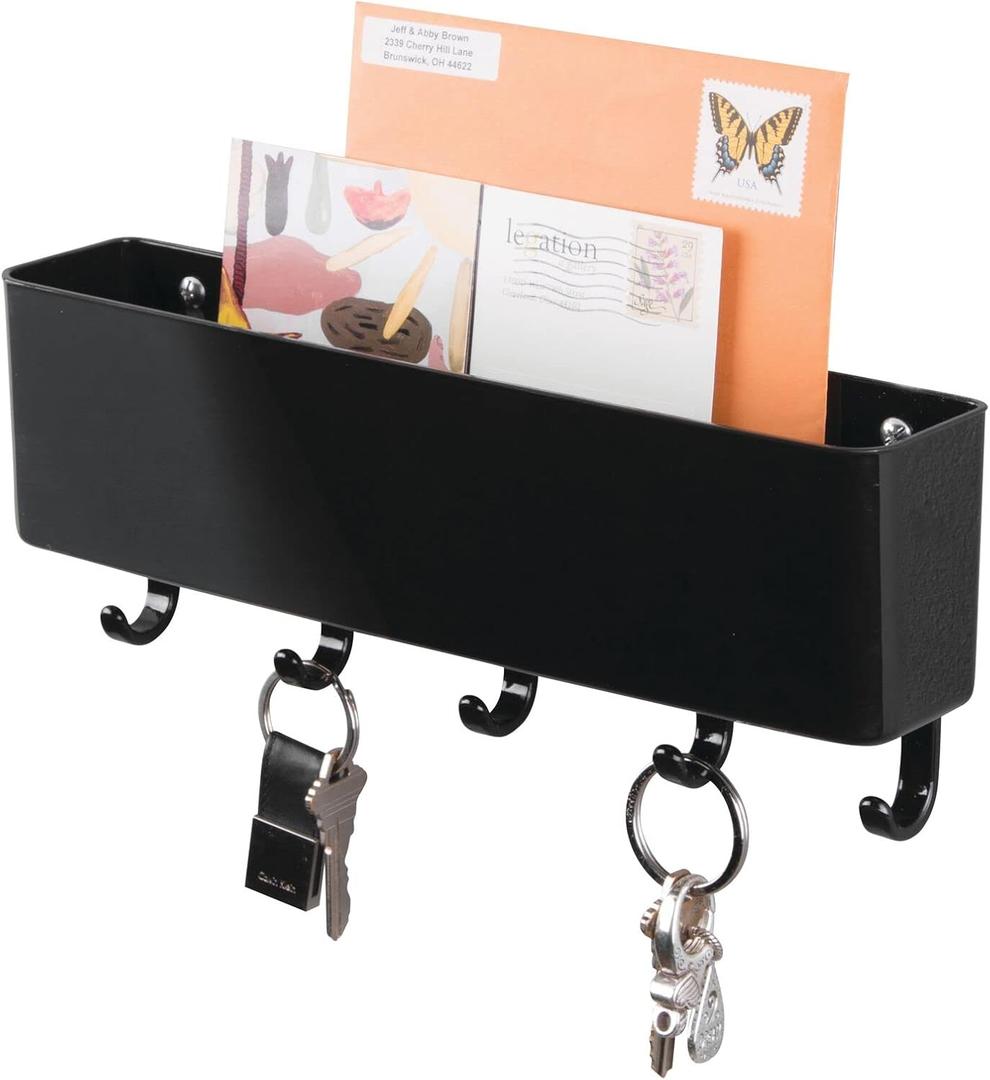 mDesign Mail, Letter Holder, Key Rack Organizer for Entryway, Kitchen - Wall Mount, Black