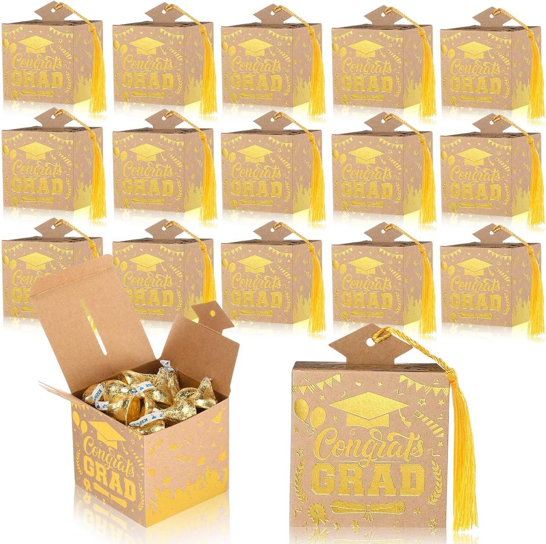 Tenceur 30 Pcs Graduation Cap Gift Box 2026 Graduation Party Cardboard Favors Candy Treat Box Grad Centerpieces with Tassel for High School College Congrats Party Decoration(Brown and Gold)