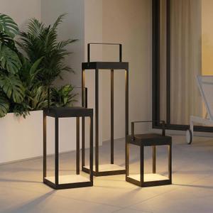Set of 3 Modern Black Metal Lanterns Lights Battery Powered Floor Lamp, 21.6"/11.7"/6.5" H, Indoor/Outdoor, 3000K with 6H Timer, for Patio Porch Fireplace Wedding Holiday Decor, Battery Not Included