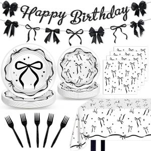 Black Bow Birthday Decorations Elegant Coquette Party Supplies Black White Bow Banner Garland Plates and Napkins Tablecloth Set Serve 24 for Women Girls