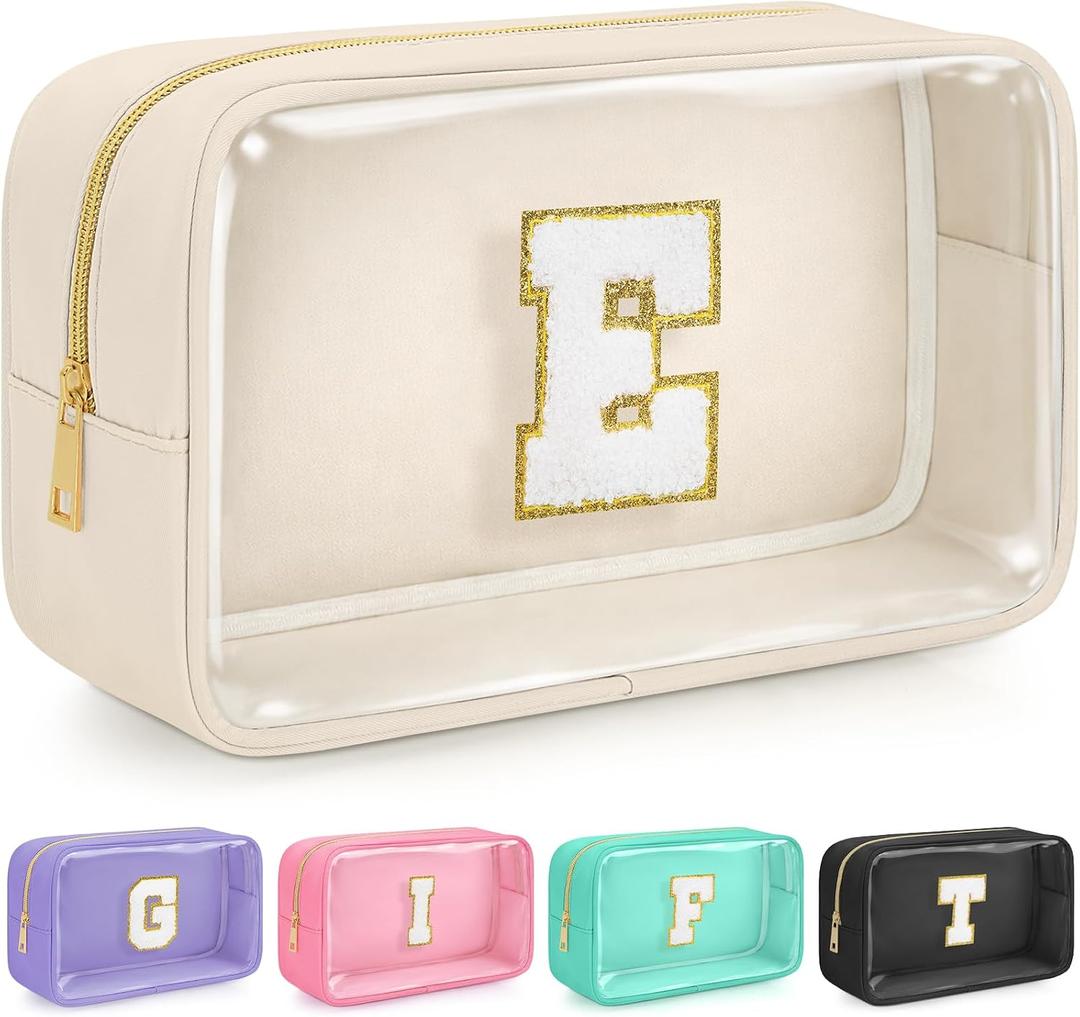 Initial Clear Makeup Bag, Birthday Gift Preppy Chenille Patch Cosmetic Bag, Initial Travel Essentials Beach Toiletry Pouch, Ideal Gift for Teachers & Moms, Women and Girls (Beige, E)