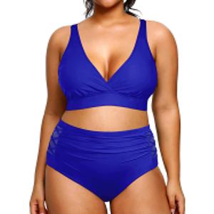 Yonique Womens Plus Size Bikini High Waisted Swimsuits Two Piece Bathing Suits Tummy Control Swimwear (Royal Blue) XL/14W