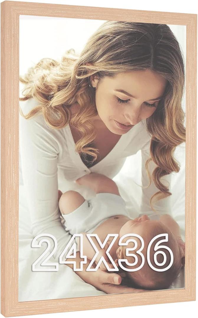 Natural 24x36 Poster Frames, Rustic Woodgrain 36x24 Picture Frame Beige, Extra Large 24 by 36inch Gallery Family Concert Portrait Photo Frames Anniversary/Birthday/Wedding/Thank you/Christmas Gift (24x36in, Natural beige)