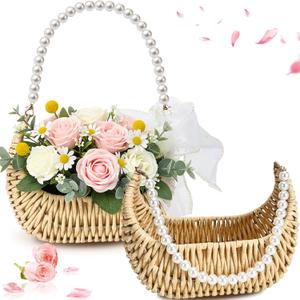 Ebrima 2 PCS Flower Girl Basket, Wicker Rattan Basket with Ribbon, Rustic Flower Girl Baskets for Weddings Bridal Anniversary Party Decor