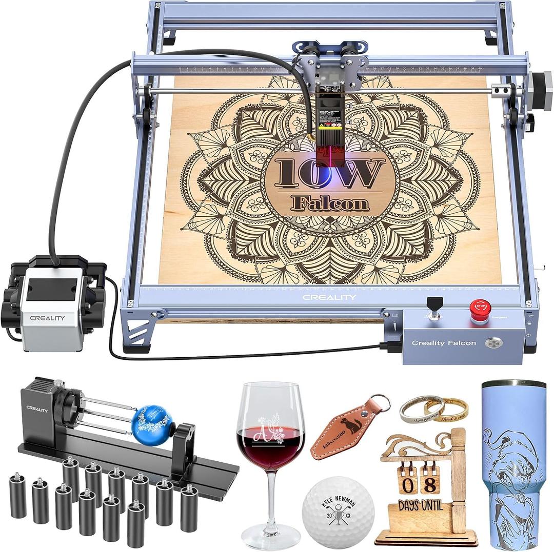 Creality 10W Laser Engraver, Falcon Pro with 3-in-1 Laser for Wood Engraving, 72000mW Efficient Laser Engraving Machine Fit, for Wood, Metal, Paper, Acrylic, Leather, Glass Tumbler Ring, 17" x 16"