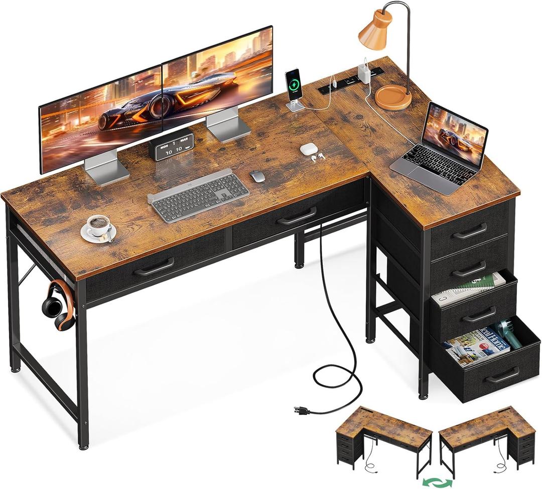 Coleshome 50 Inch L Shaped Desk with Drawers, Computer Desk with Power Outlets, Home Office Desk with 6 Drawers, Reversible Corner Desk for Small Space, Study Work Table with Hook,Vintage