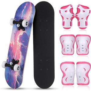 Honoson 7 Pcs Skateboard for Toddlers Beginners Knee Elbow Pads Wrist Guards Gear Set (Age 2-5 Kids 17 x 5'', Style: Pink Oceans)