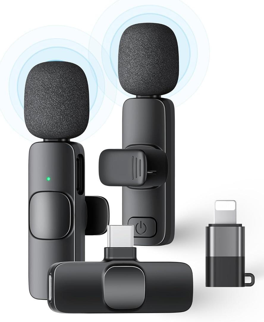 2 Pack Wireless Lavalier Microphone for iPhone iPad and Android Phone, Lapel Mic Plug and Play Wireless Mic Noise Reduction Mini Microphone for Video Recording Interview Podcast Vlog YouTube Tiktok