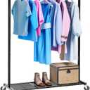 Clothing Rack with Wheels, Heavy Duty Clothes Rack for Hanging Clothes, Rolling Portable Garment Rack with Bottom Mesh Shelf, Black