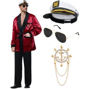 Halloween Hugh Hefner Costume Red Silky Robe Jacket & Pajama Pants Captain Costume Set with Hat Sunglasses Pipe Pin (Medium)