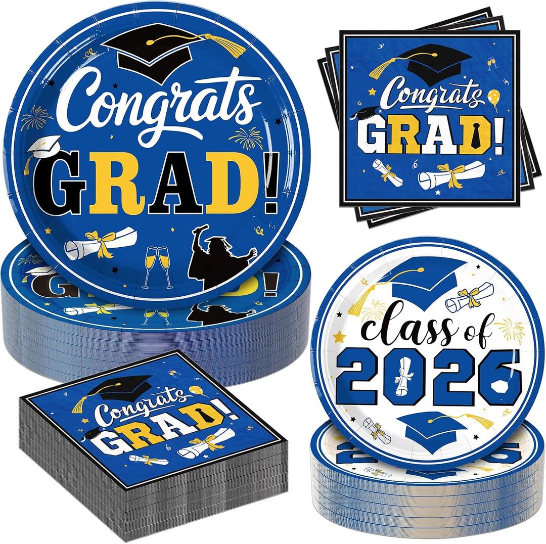 180Pcs Graduation Party Plates and Napkins,2026 Graduation Party Supplies Includes Blue Disposable Paper Plates and Cocktail Napkins Set for Congrats Grad Party Decorations, Serves 60