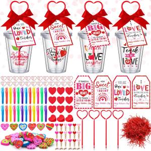 111 Pcs Valentine's Day Teacher Appreciation Gifts Set Plastic Tumblers Bookmark Clips Erasers Pin with Clips Pin Highlighter Pen Sticky Notes Bow for Valentines Thank You Teacher Gifts